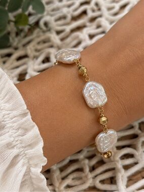 NWT 18k Plated Freshwater Pearl Baroque Squares Bracelet - Women Jewelry